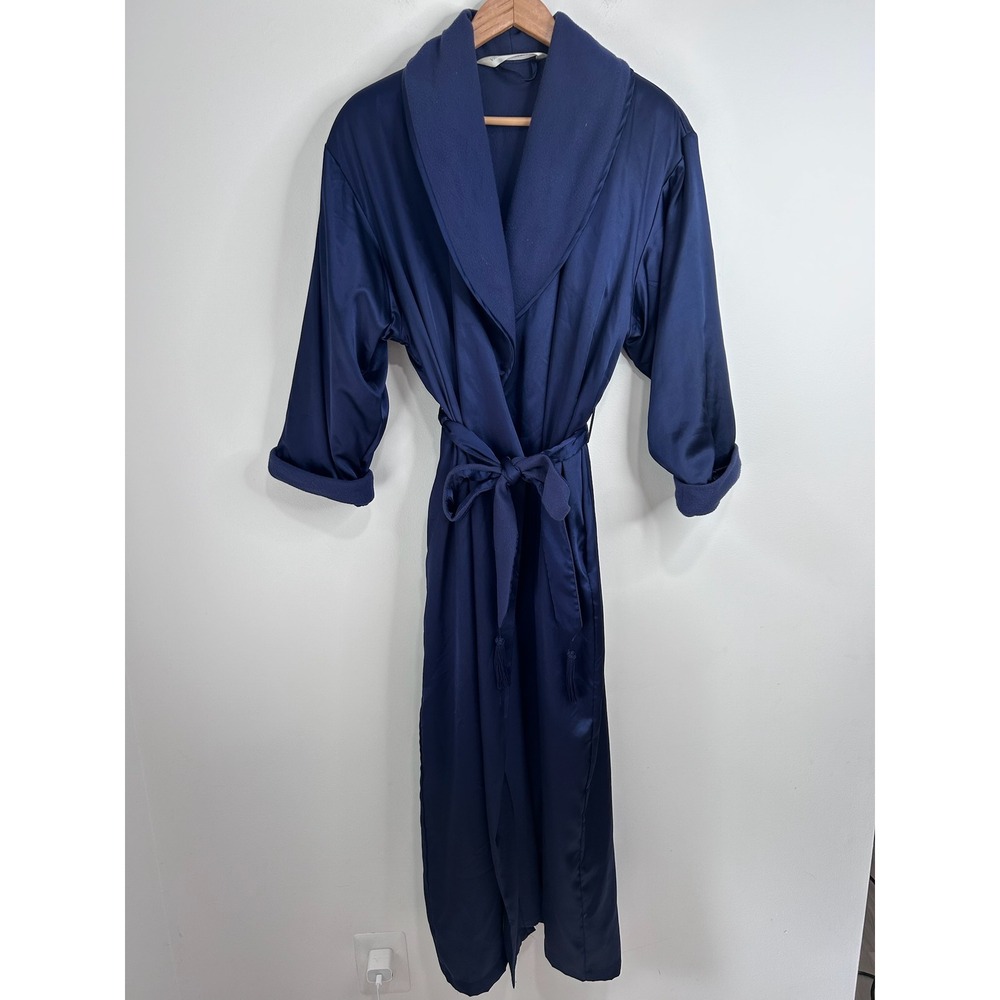 Victoria's Secret Navy Blue Satin Fleece Lined Long Robe XS/S Tassel‎ Tie Maxi